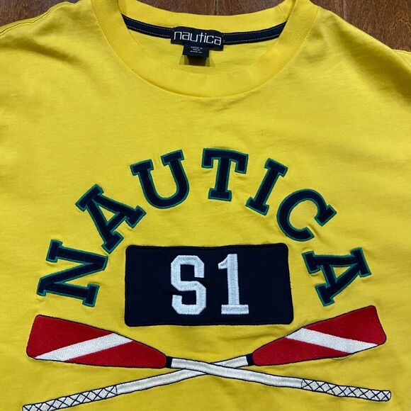 Nautica Vintage 90s Rowing Embroidered Yellow T-Shirt Men's Size Medium - Picture 2 of 9